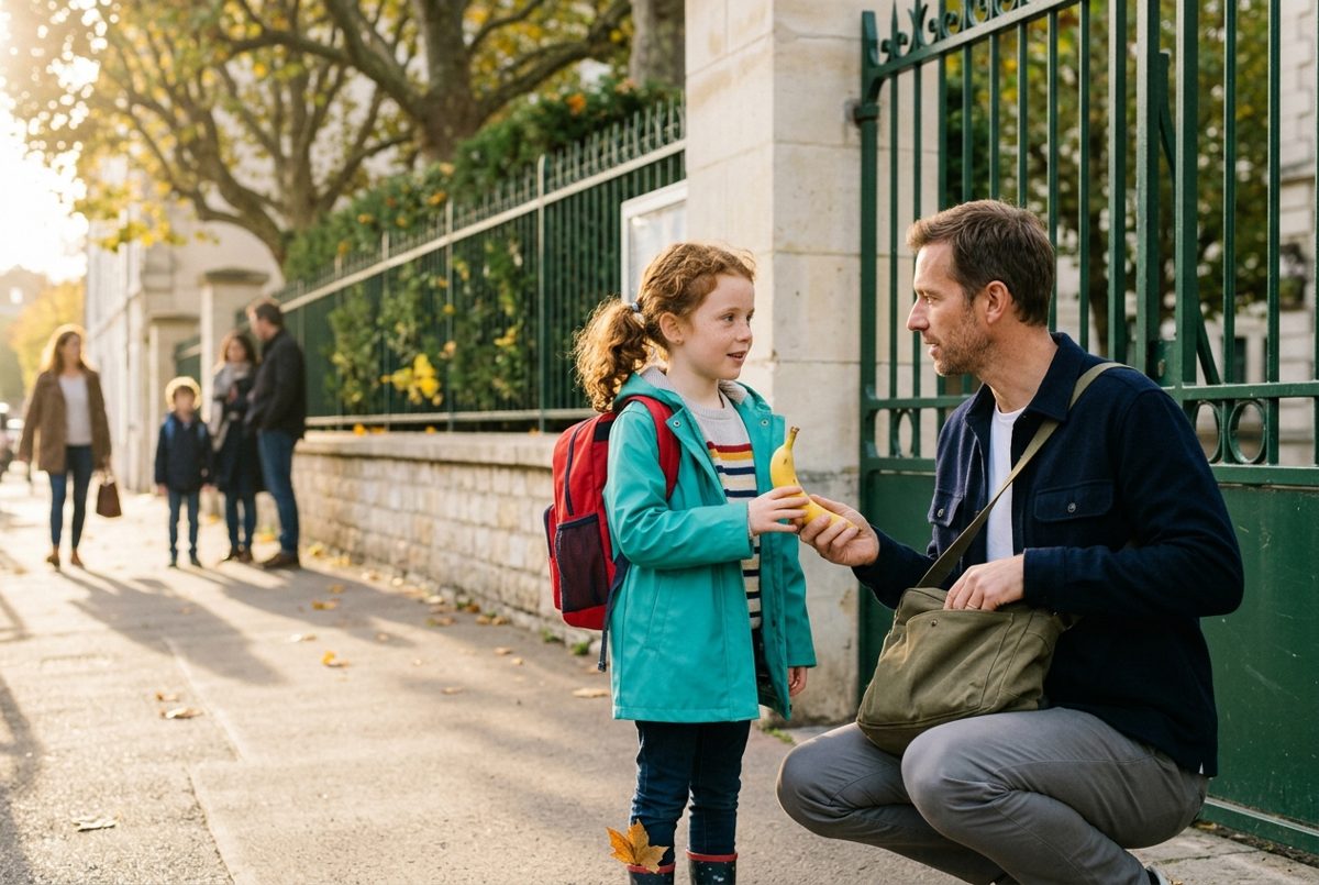 Devant le portail d'une école, un père tend une banane à sa fille d'environ sept ans, cartable sur le dos, à l'heure du goûter.