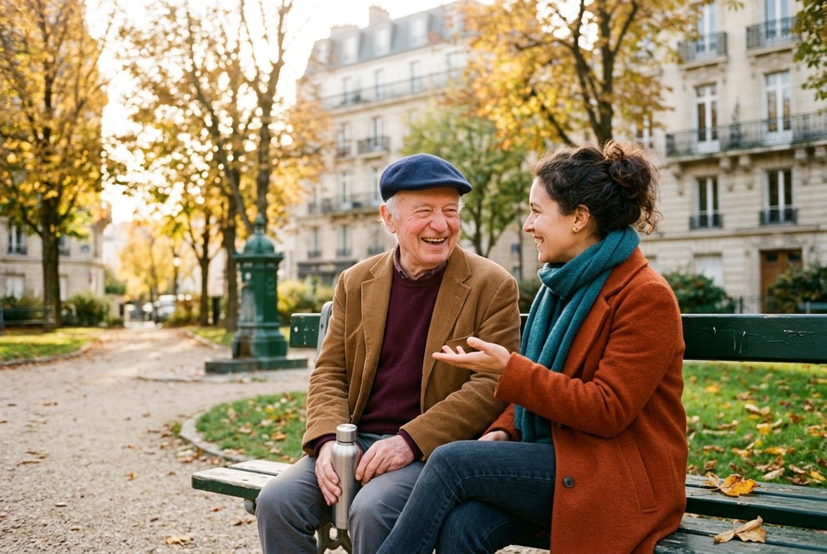Sur un banc d'un square de ville en automne, une femme d'une trentaine d'années bavarde avec son père d'environ 75 ans, qui rit en tenant une gourde d'eau.