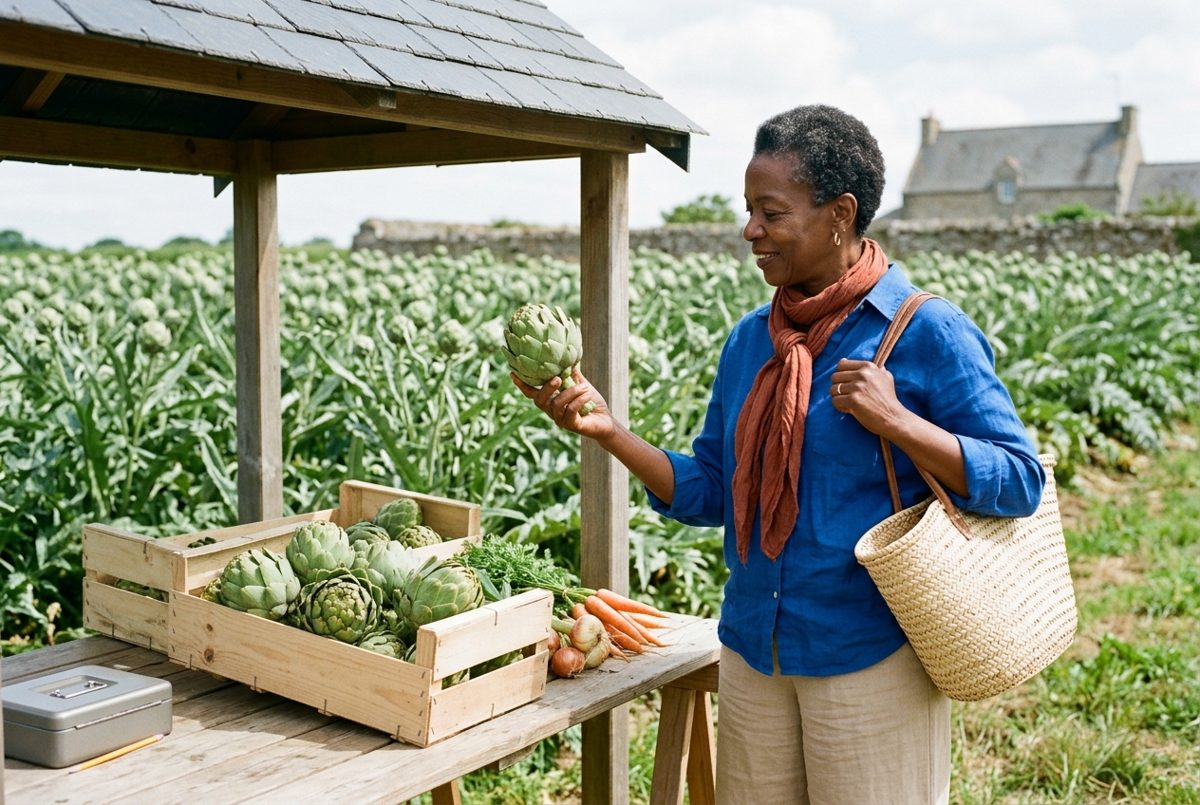 Au bord d'un champ d'artichauts en Bretagne, une femme d'une cinquantaine d'années choisit des artichauts sur l'étal en bois d'une ferme, un cabas à l'épaule.