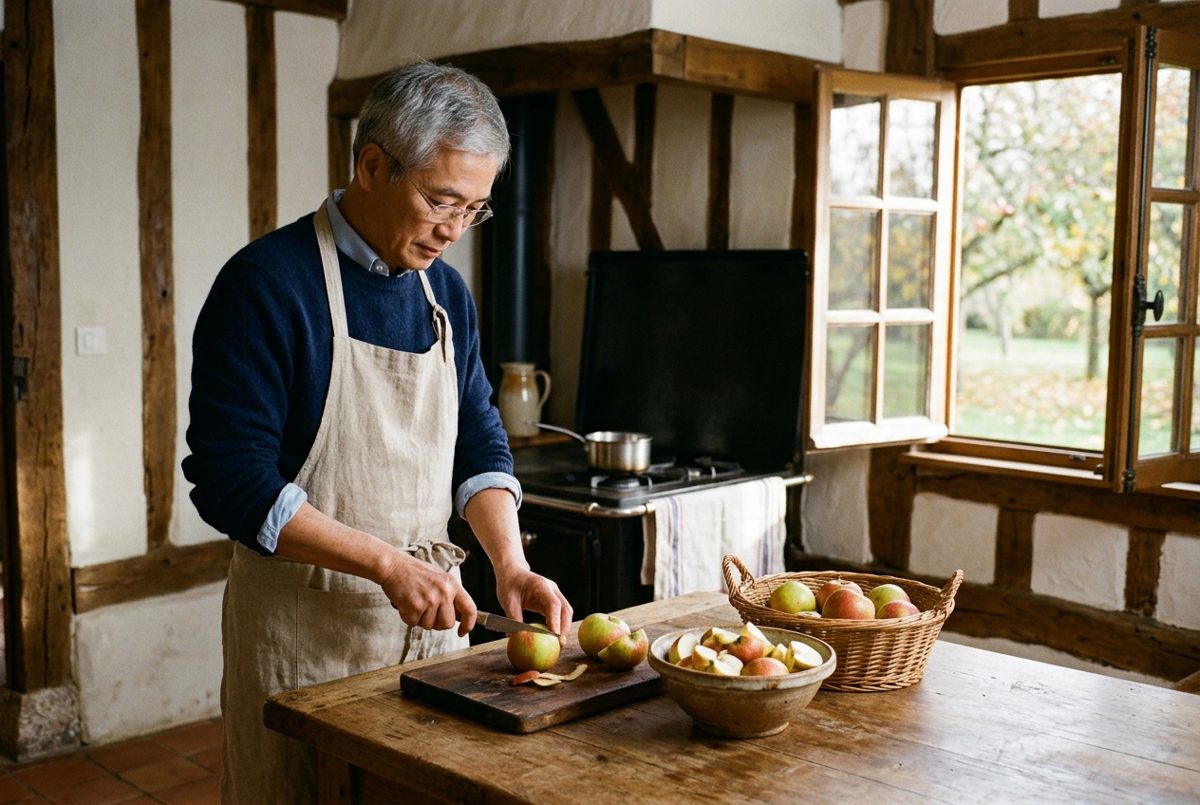 Dans la cuisine d'une maison à colombages du Pays d'Auge, un homme d'une soixantaine d'années coupe des pommes en quartiers sur une table en bois, près d'une fenêtre ouverte sur le verger.
