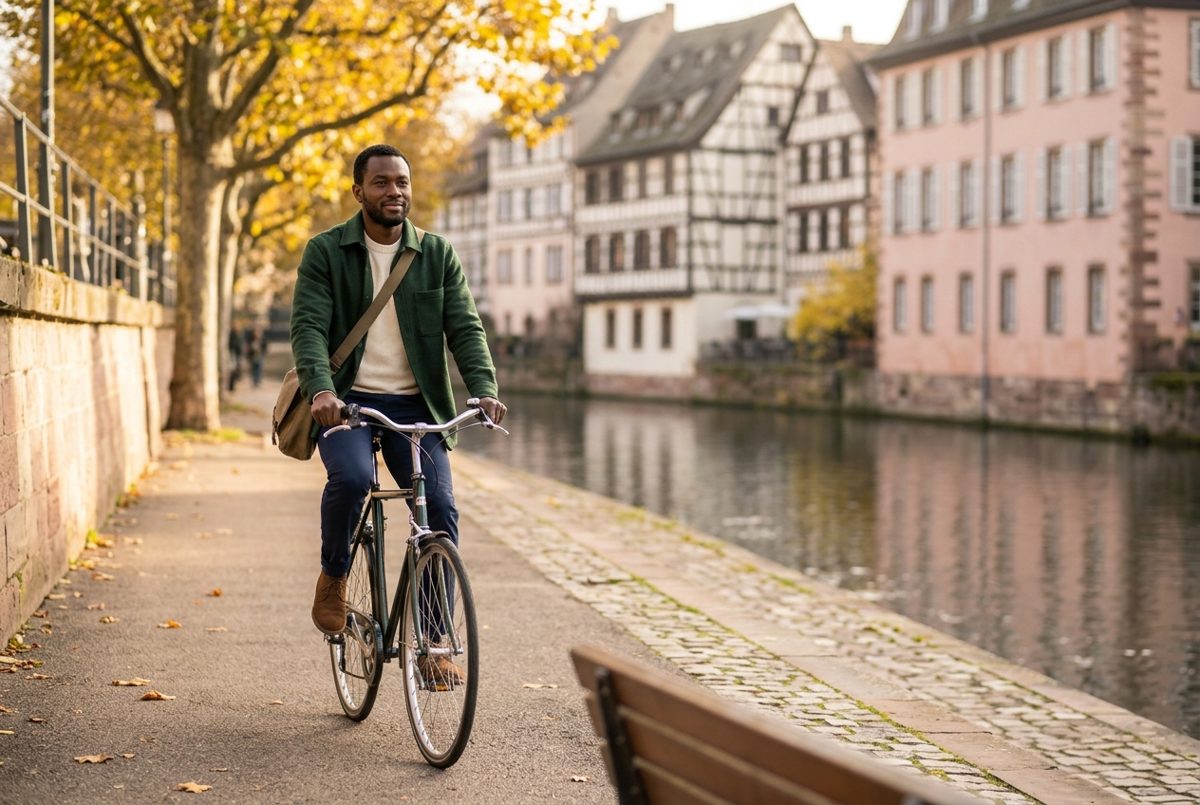 Sur une piste cyclable le long des quais de l'Ill à Strasbourg, un homme d'une trentaine d'années pédale tranquillement vers son travail, un matin d'automne ensoleillé.