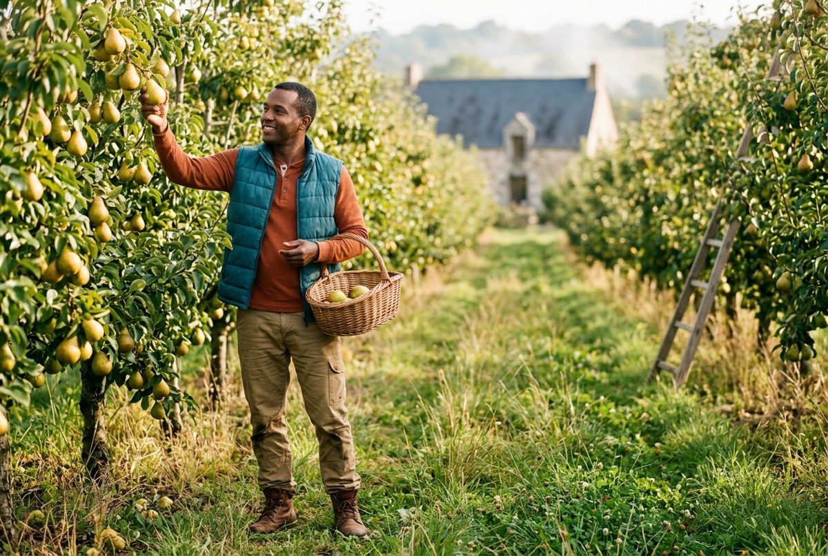 Un fruit plutôt qu'un biscuit Dans un verger d'Anjou en automne, un homme d'une quarantaine d'années cueille une poire mûre et la regarde en souriant, un panier en osier au bras.