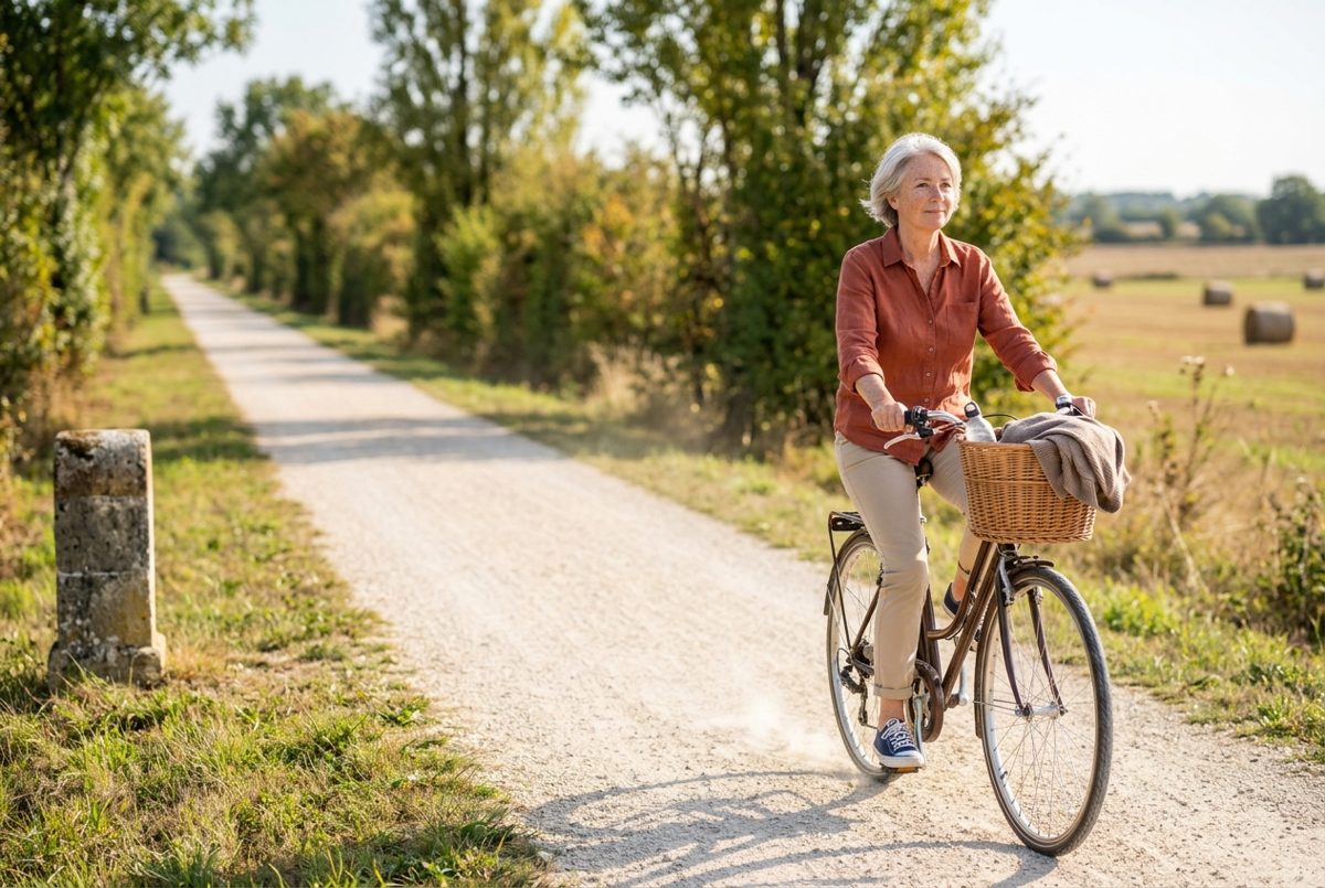 Une femme d'une soixantaine d'années roule à vélo sur une voie verte bordée d'arbres, à la campagne, par un après-midi ensoleillé.